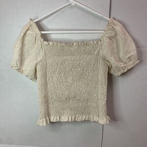 Lyaner Womens Size M White Puff Sleeve Square Neck Ruffle Smocked Crop Top Shirt